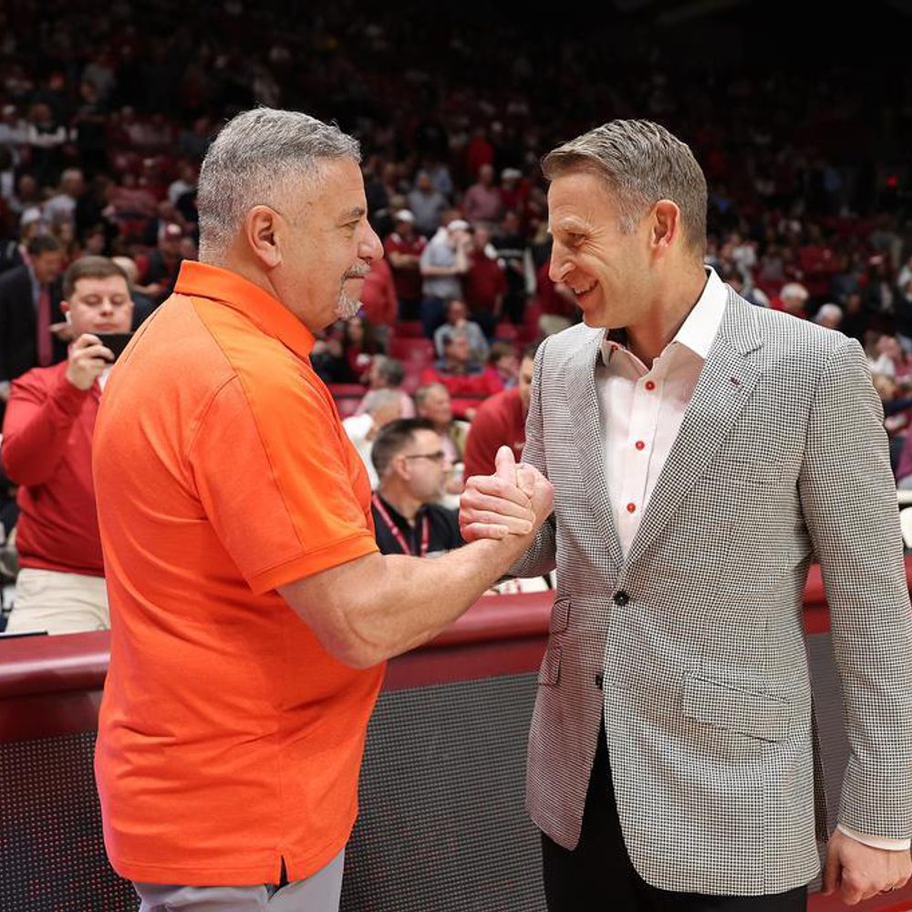 Alabama Head Coach Nate Oats greets Auburn head coach Bruce Pearl before the game against Auburn at Coleman Coliseum in Tuscaloosa, AL on Wednesday, Jan 24, 2024. Alabama News