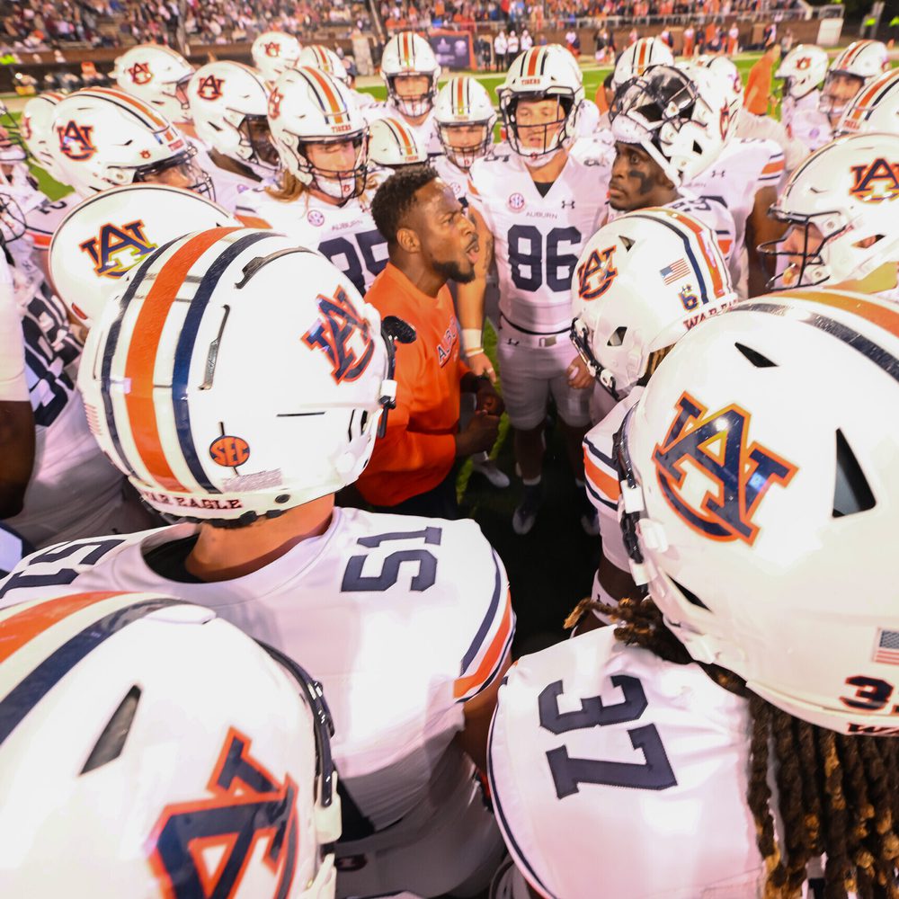 Starkville, MS, USA; Pre-game huddle with Coach Carnell Williams before the game between Auburn and Mississippi State at Davis Wade Stadium . Alabama News