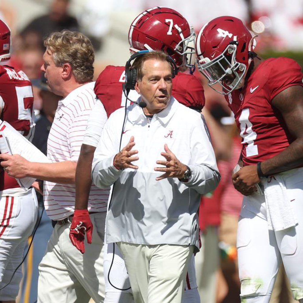 Alabama Head Coach Nick Saban talks to Alabama quarterback Jalen Milroe (4) at Bryant-Denny Stadium in Tuscaloosa, AL on Saturday, Oct 14, 2023. Alabama News