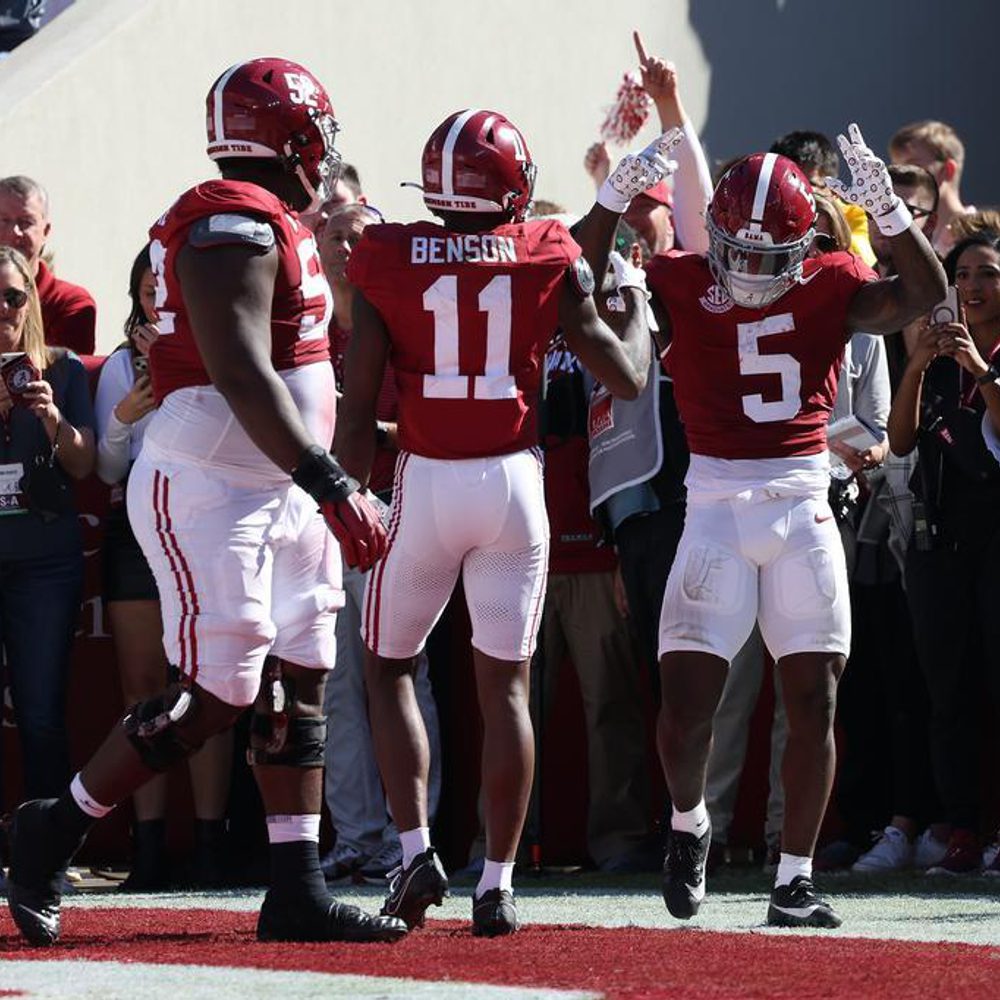 Alabama running back Roydell Williams (5) celebrates at Bryant-Denny Stadium in Tuscaloosa, AL on Saturday, Nov 18, 2023. Alabama News