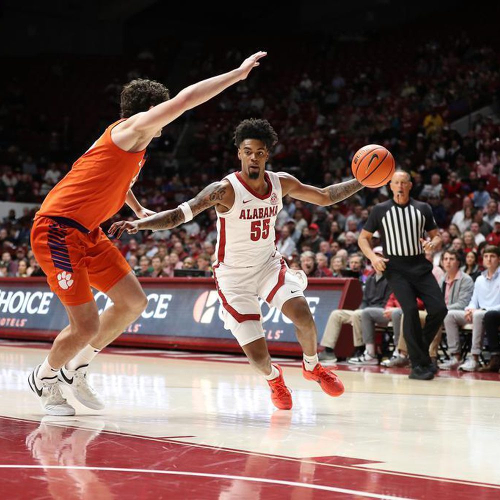 Alabama guard Aaron Estrada (55) drives towards the paint against Clemson at Coleman Coliseum in Tuscaloosa, AL on Tuesday, Nov 28, 2023. Alabama News