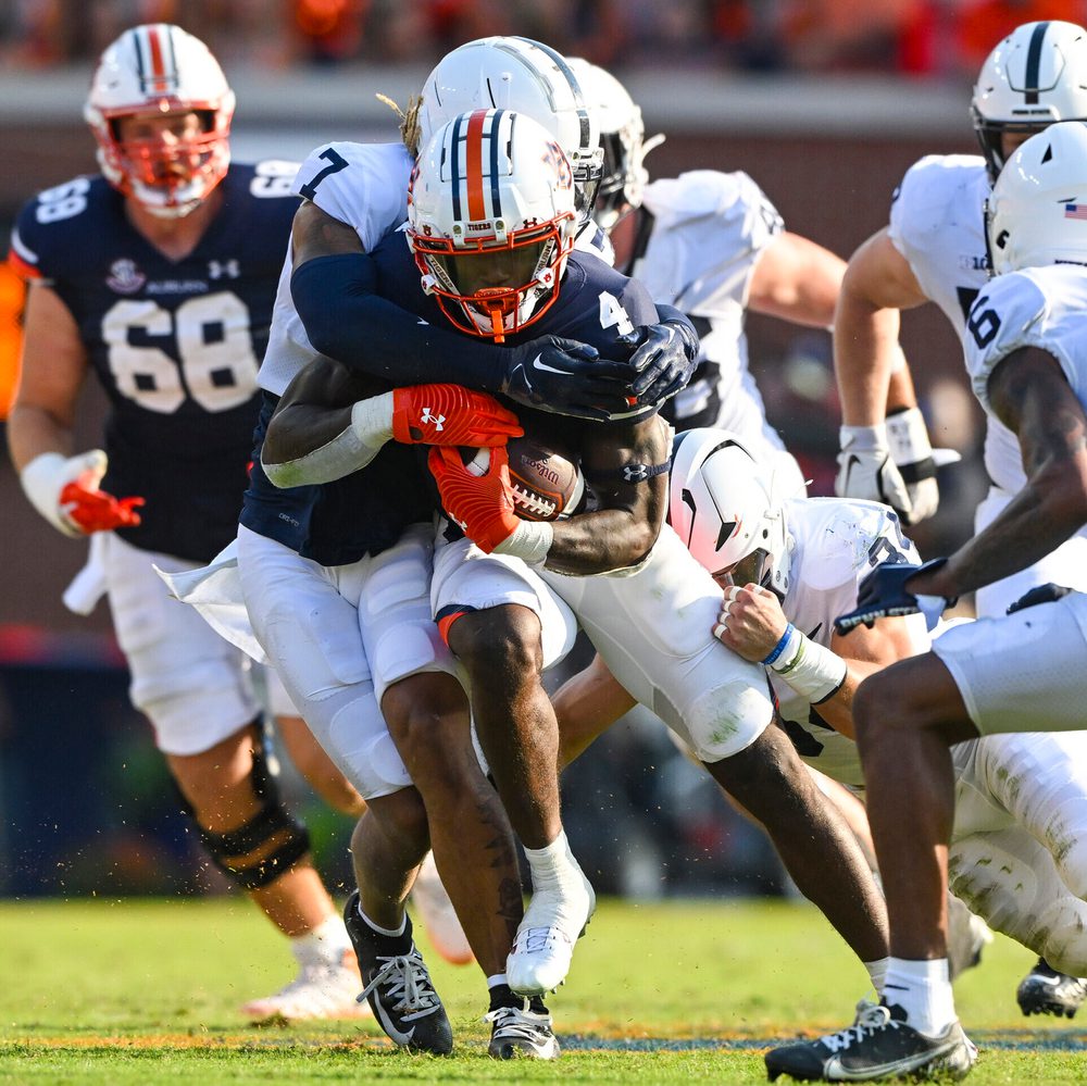 Sep 17, 2022; Auburn, Al, USA; Tank Bigsby (4) breaks tackle during the game between Auburn and Penn State at Jordan Hare Stadium. Todd Van Emst/AU Athletics Alabama News