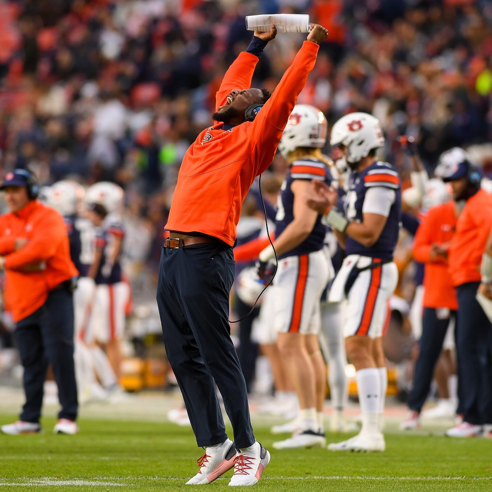 Nov 19, 2022; Auburn, AL, USA; Coach Carnell Williams celebrates touch-down during the game between Auburn and Western Kentucky at Jordan Hare Stadium. Mackenzie Harris / AU Athletics Alabama News