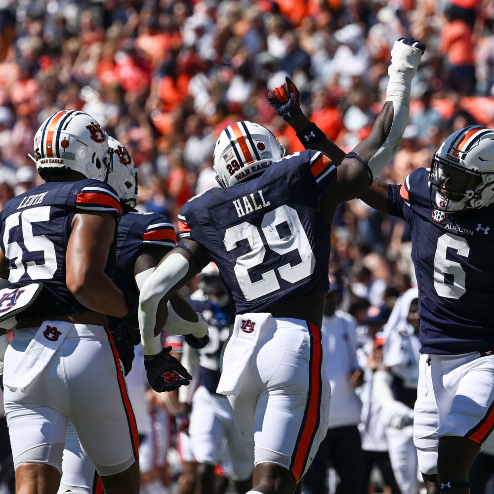 Sep 24, 2022; Auburn, AL, USA; Derick Hall (29) and Keionte Scott (6) celebrate touch down between Auburn and Missouri at Jordan-Hare Stadium. Todd Van Emst/AU Athletics Alabama News