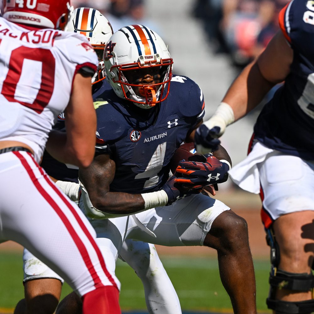 18 Oct 29, 2022; Auburn, AL, USA; Tank Bigsby (4) charges the Arkansas defense during the game between Auburn and Arkansas at Jordan Hare Stadium. Todd Van Emst / AU Athletics Alabama News