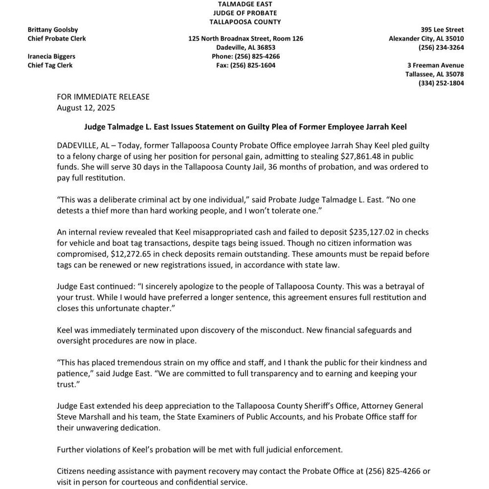 Statement_JudgeTalEast Alabama News