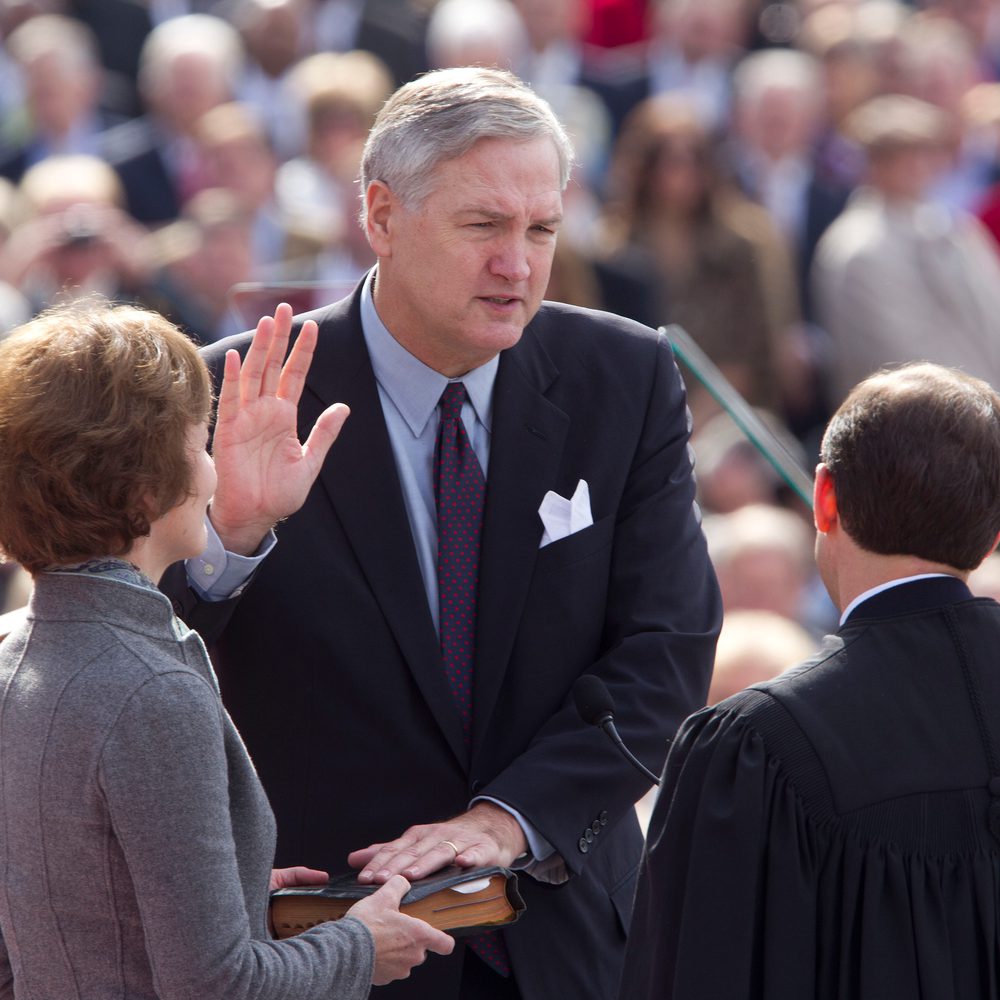 Attorney General Luther Strange takes the oath of office from U.S. 11th Circuit Court of Appeals Judge William Pryor during inaugural events at the Capitol in Montgomery, Alabama, on Monday, Jan. 17, 2011. Holding the Bible for St Alabama News