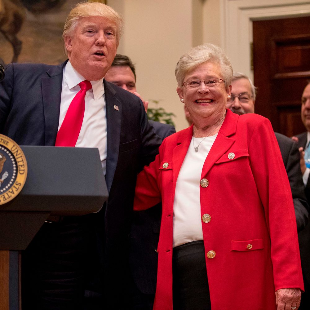 FILE- This April 26, 2017 file photo shows President Donald Trump greeting newly appointed Alabama Gov. Kay Ivey before signing the Education Federalism Executive Order in the Roosevelt Room of the White House in Washington. Gov. Ivey is marking one year Alabama News