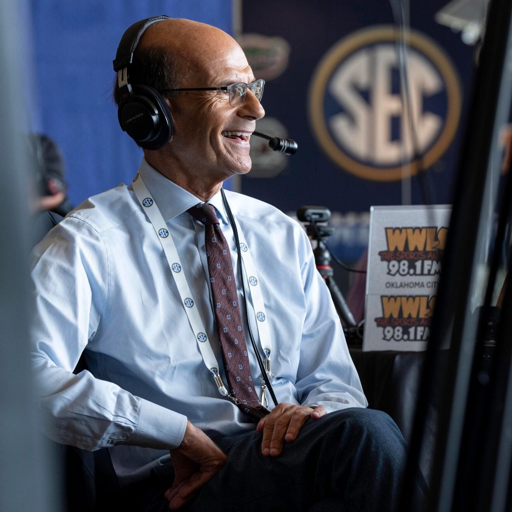 Radio and television personality Paul Finebaum smiles during a break in Southeastern Conference NCAA college football media days Tuesday, July 16, 2024, in Dallas. (AP Photo/Jeffrey McWhorter) Alabama News