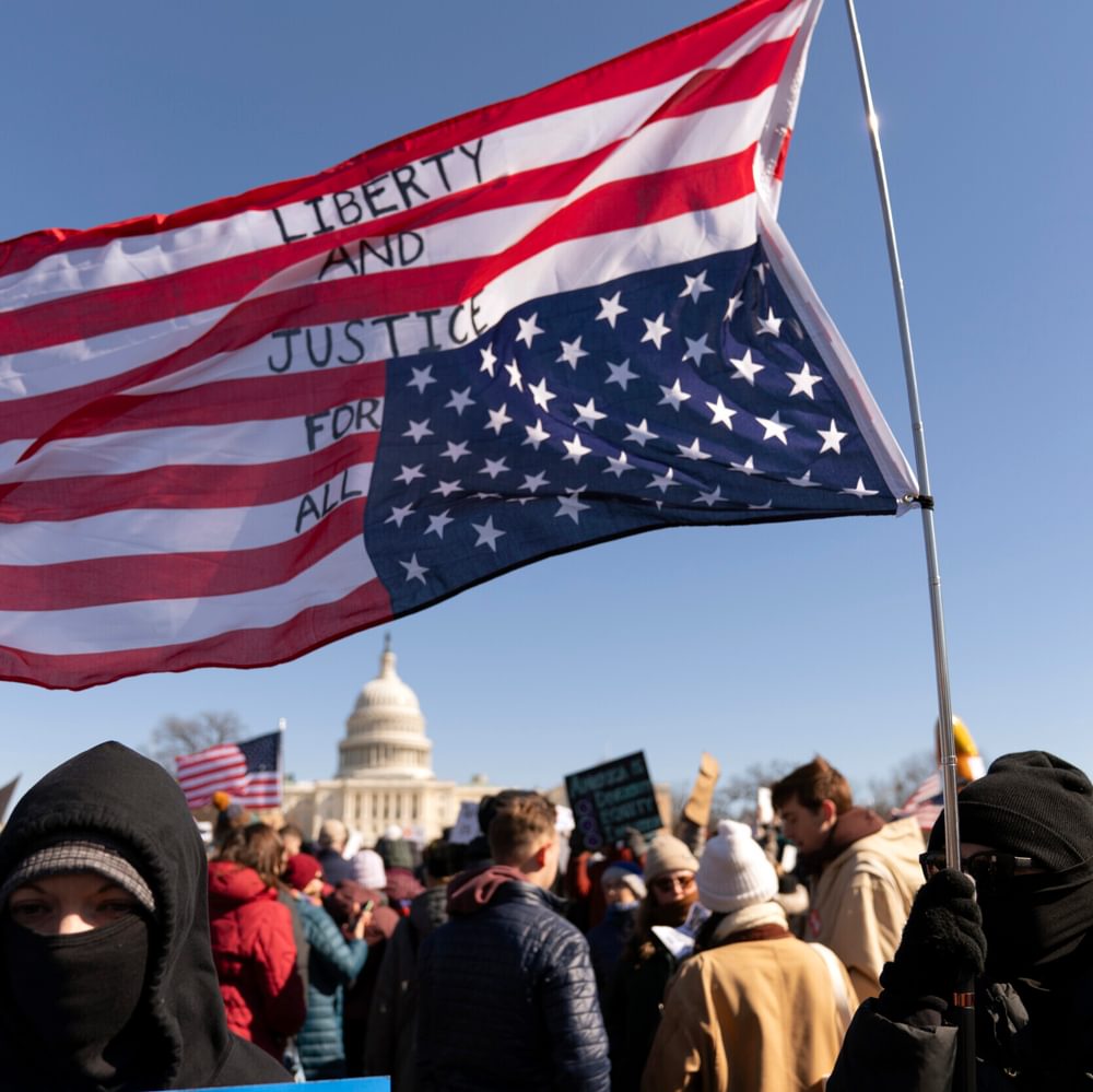 Demonstrators rally during the "No Kings Day" protest on Presidents Day in Washington, in support of federal workers and against recent actions by President Donald Trump and Elon Musk, on Capitol Hill in Washington Monday, Feb. 17, 2025. (AP Photo/Jose Lu Alabama News