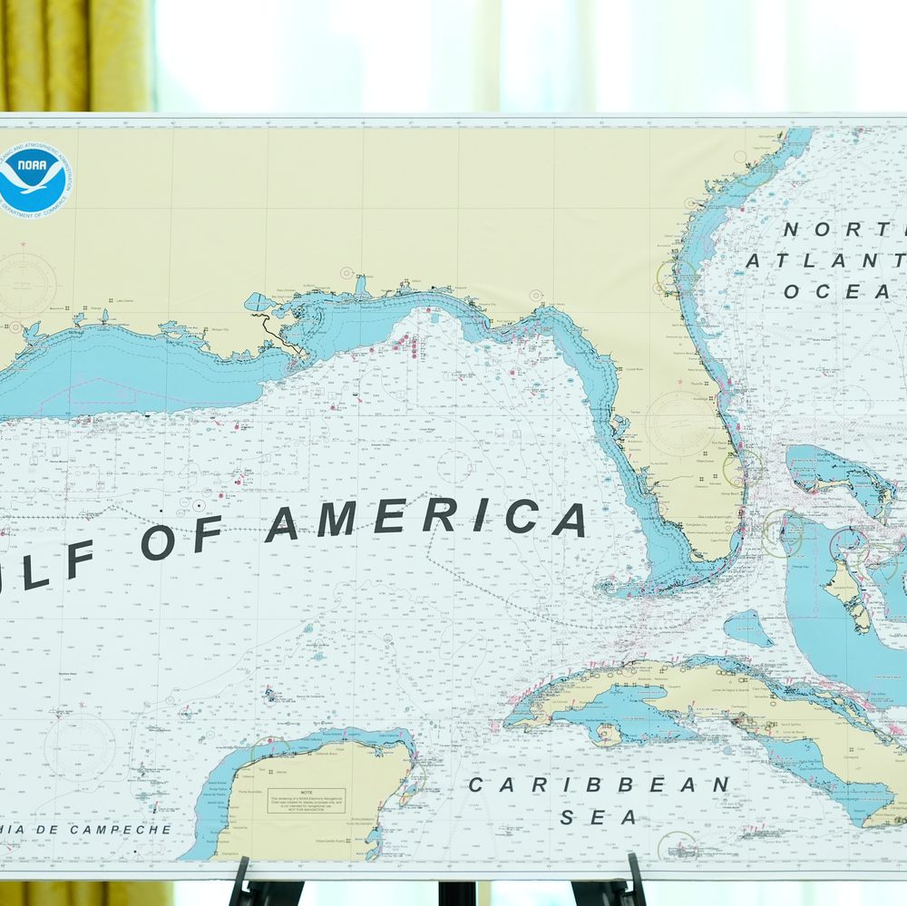 A map with Gulf of America written on it is pictured during a swearing in ceremony for Dr. Mehmet Oz to be Administrator of the Centers for Medicare and Medicaid Services, in the Oval Office of the White House, Friday, April 18, 2025, in Washington. (AP P Alabama News