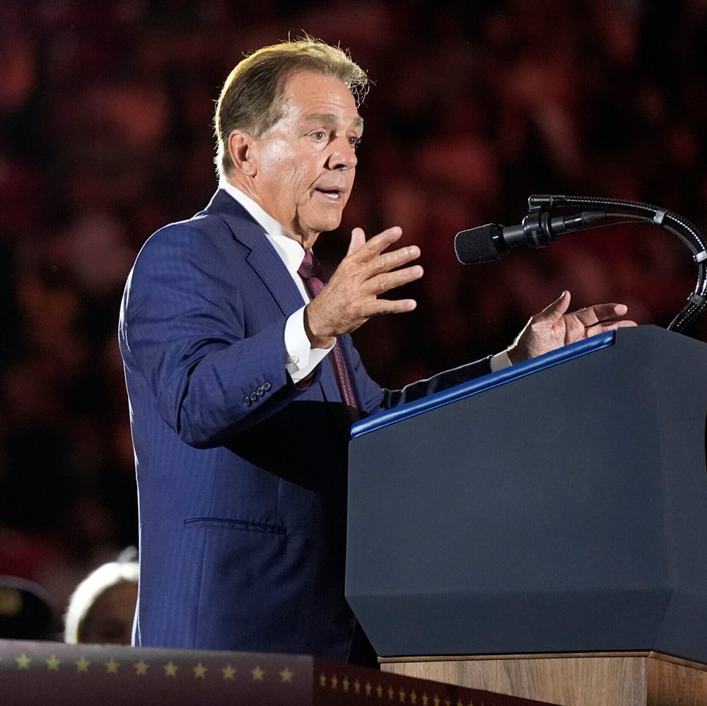 Nick Saban speaks before President Donald Trump gives a commencement address Alabama News