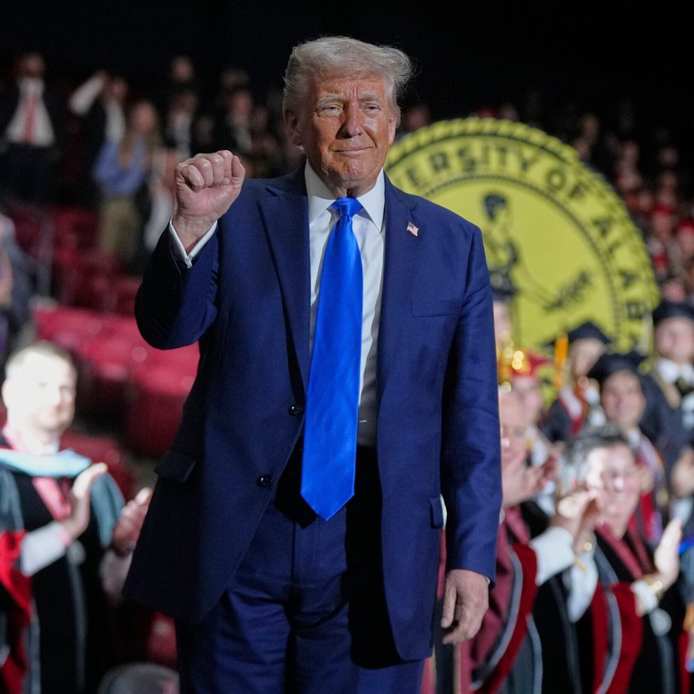 President Donald Trump gestures after giving a commencement address at the University of Alabama, Thursday, May 1, 2025, in Tuscaloosa, Ala. Alabama News