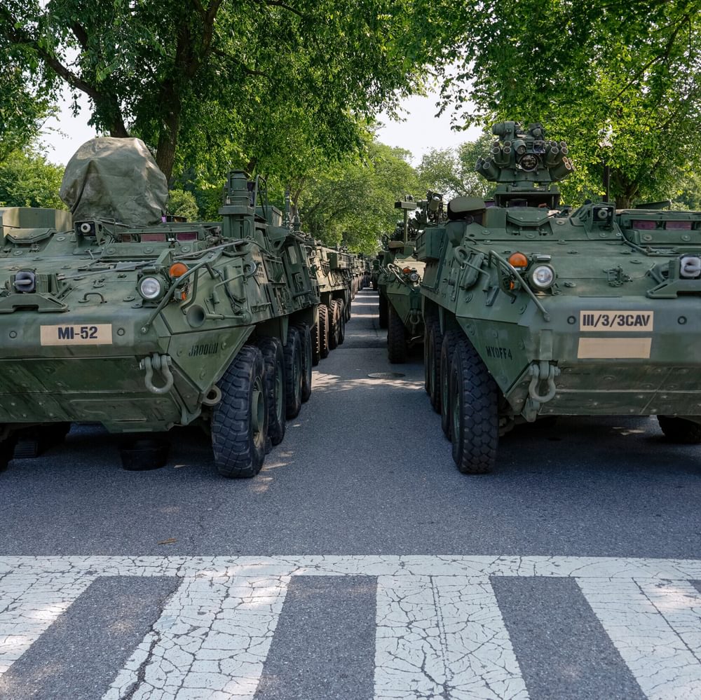 Stryker combat vehicles are staged in West Potomac Park ahead of an upcoming military parade commemorating the U.S. Army's 250th anniversary and coinciding with Donald Trump's 79th birthday, Wednesday, June 11, 2025, in Washington (AP Photo/Julia Demaree Alabama News