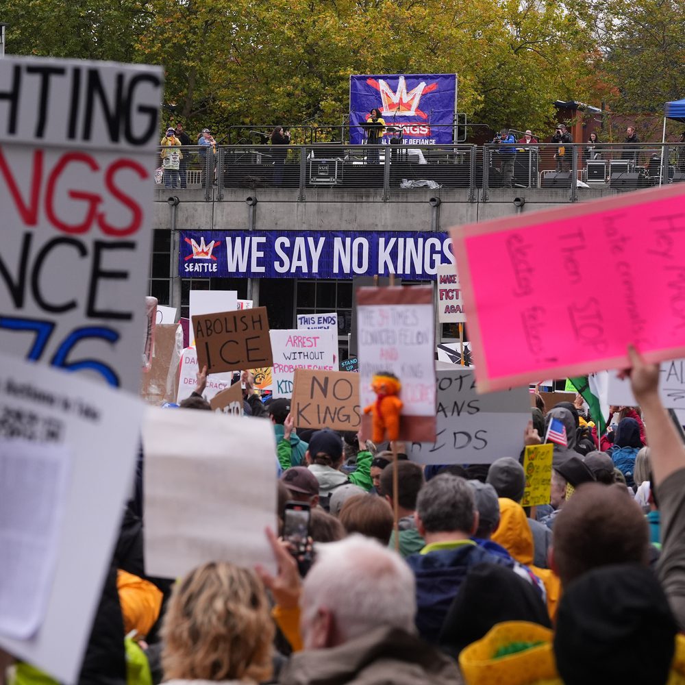 Rep. Pramila Jayapal, D-Wash., top center, speaks as people take part in a "No Kings" protest Saturday, Oct. 18, 2025, in Seattle. (AP Photo/Lindsey Wasson) Alabama News