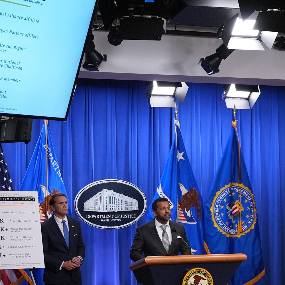 Acting Attorney General Todd Blanche listens as FBI Director Kash Patel speaks at a news conference at the Justice Department, Tuesday, April 21, 2026, in Washington. (AP Photo/Jacquelyn Martin) Alabama News