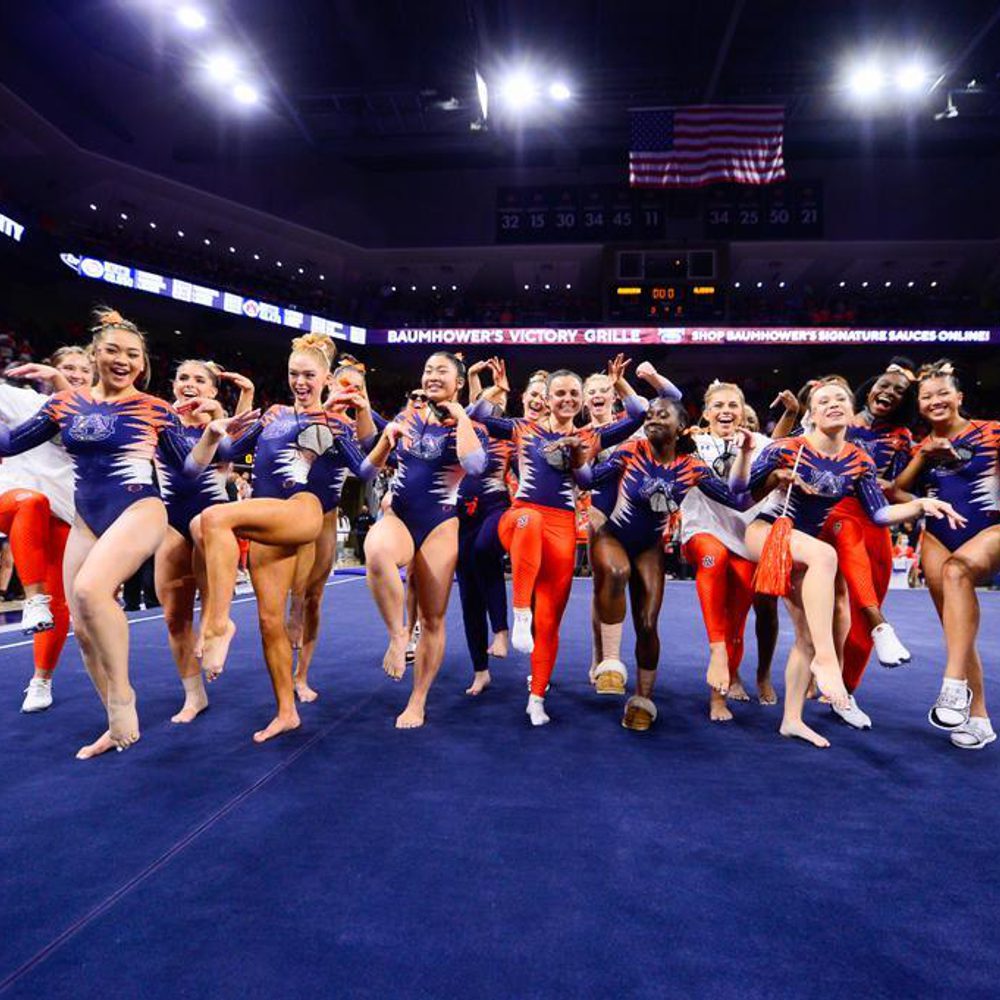 Jan 28, 2022; Auburn, AL, USA; Auburn gymnastics celebrates win over Alabama at Auburn Arena. Alabama News