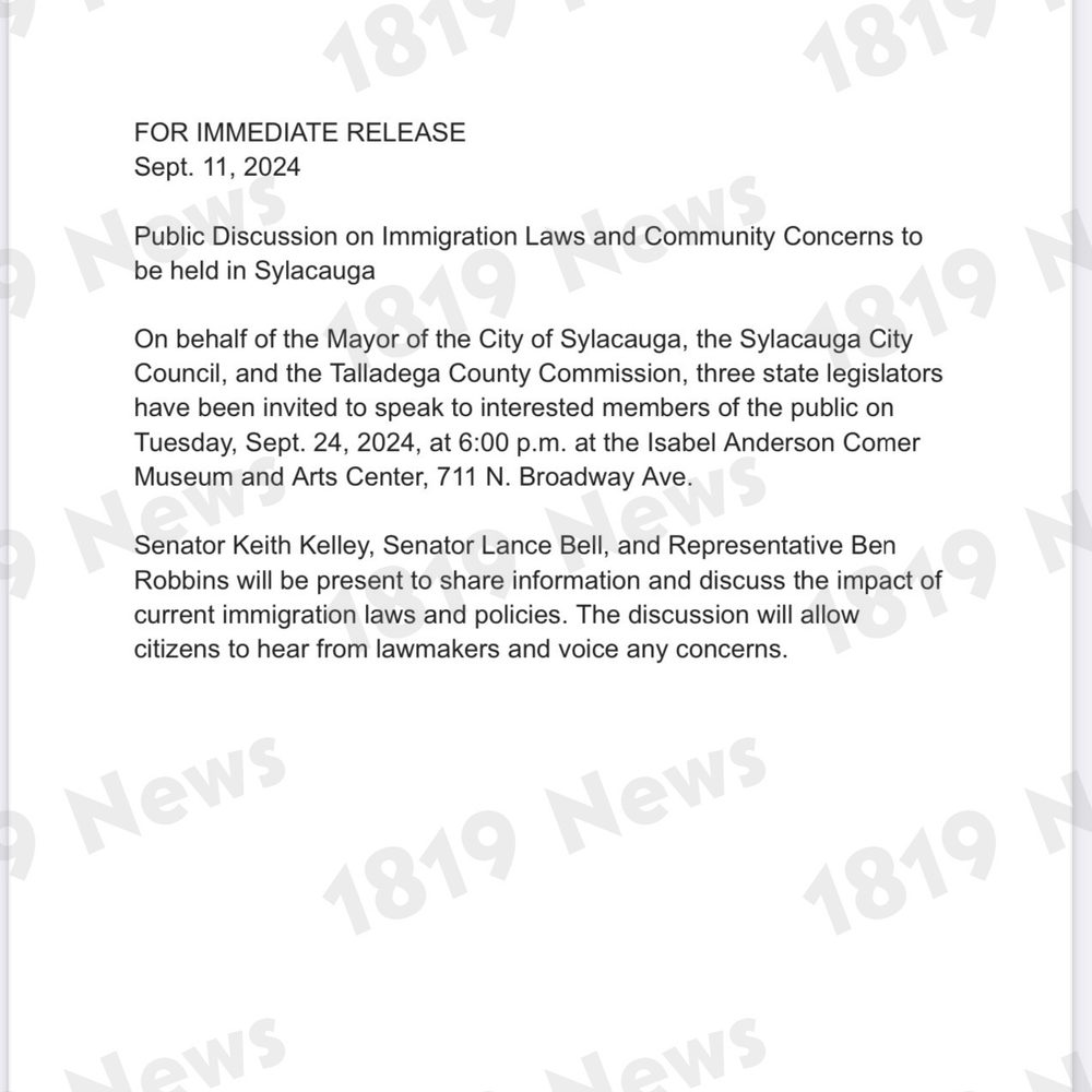 Press Release from Mayor Jim Heigl re September 24 Town Hall Watermarked Alabama News