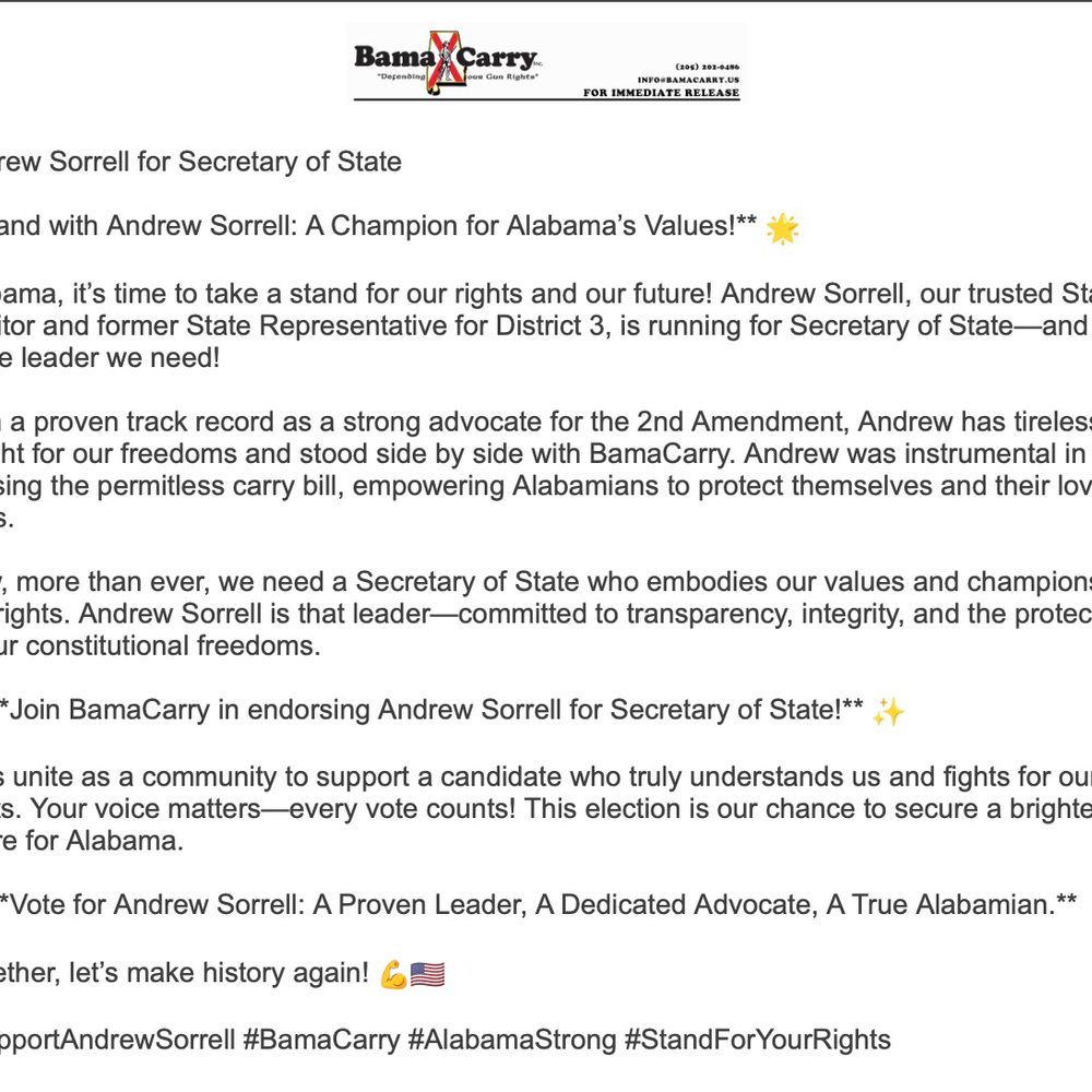 Sorrell Bama Carry Endorsement Alabama News