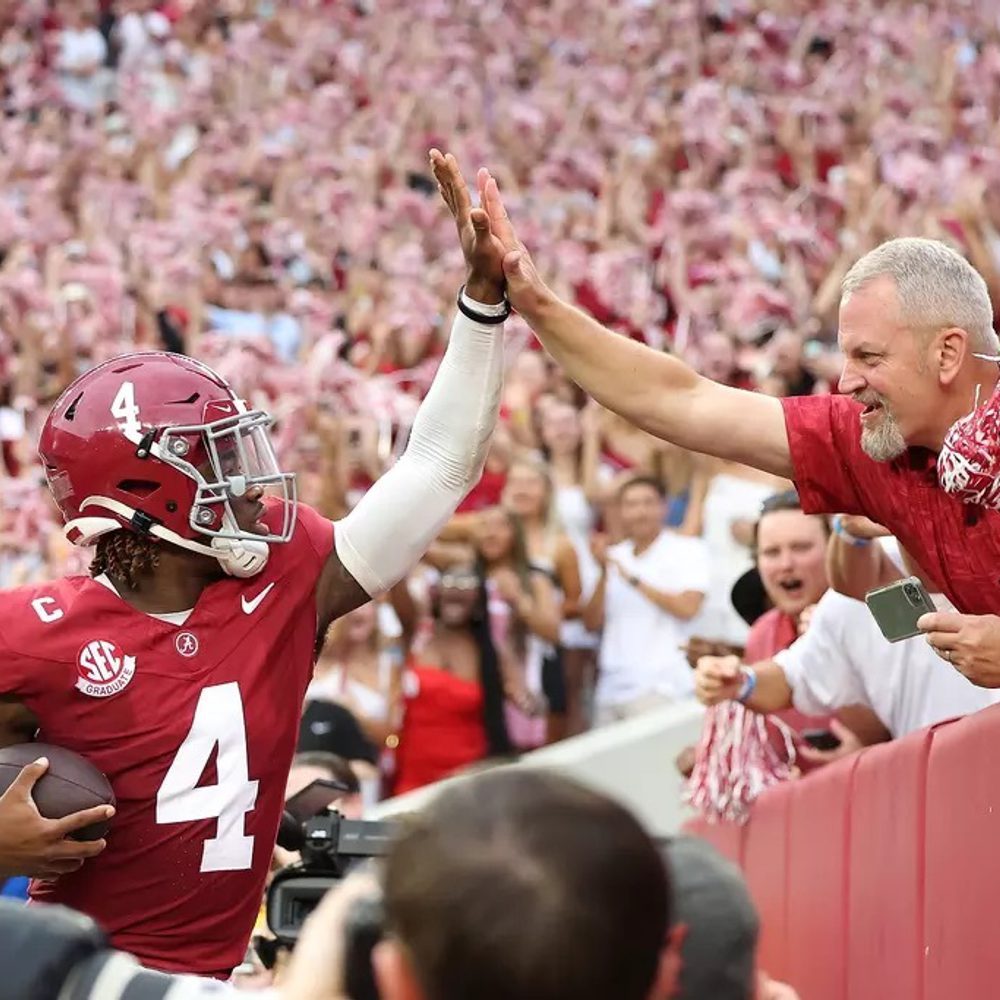 Alabama Quarterback Jalen Milroe (4) and celebrate with a high five against Western Kentucky University at Bryant-Denny Stadium in Tuscaloosa, AL on Saturday, Aug 31, 2024. Alabama News