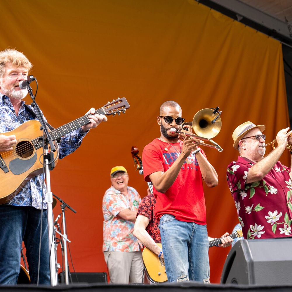 Mac McAnally, left, Trombone Shorty, John Lovell and Michael Utley perform during the "Celebrating Jimmy Buffett with the Coral Reefer Band" during the New Orleans Jazz & Heritage Festival on Sunday, May 5, 2024 Alabama News