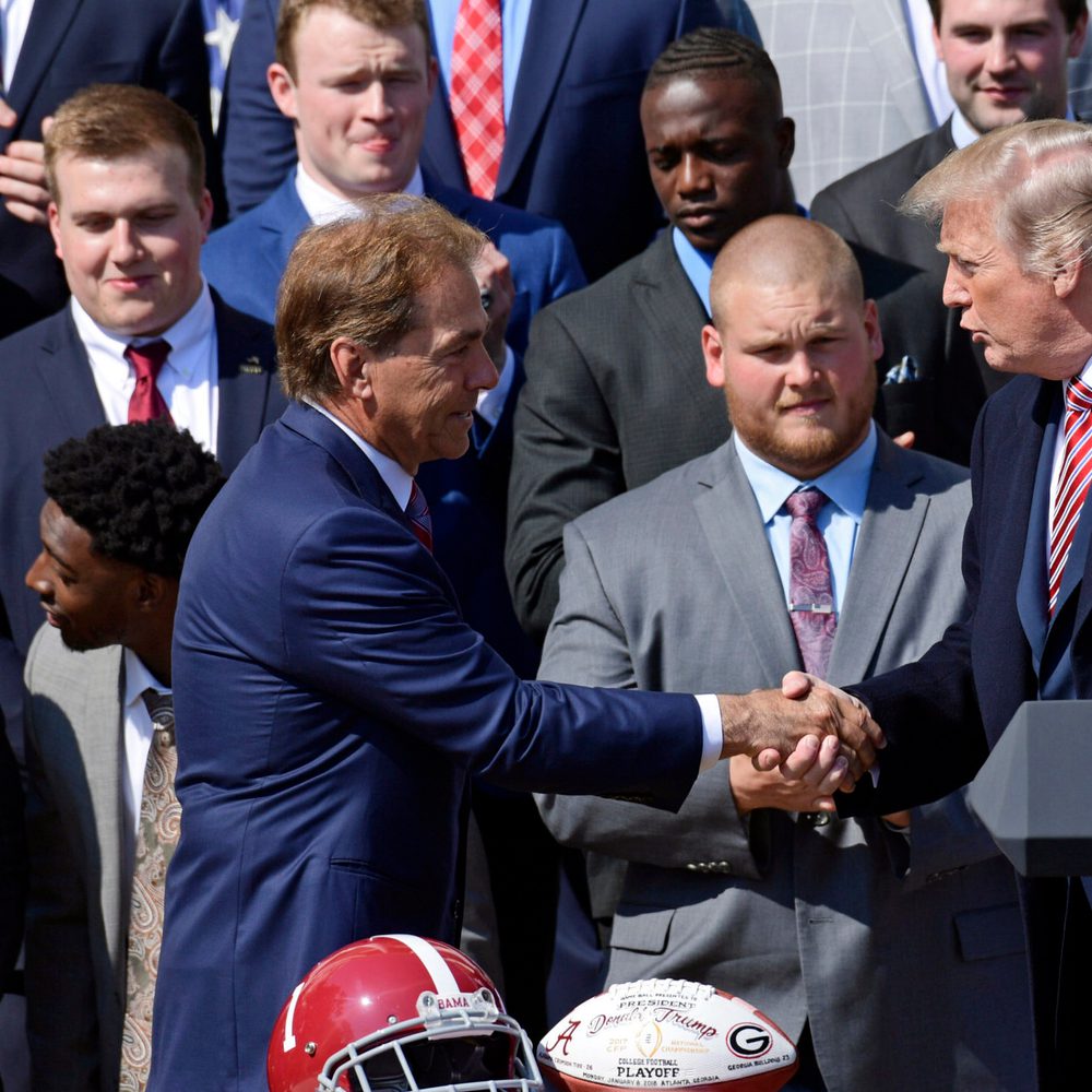 President Donald Trump shakes hands with Alabama head coach Nick Saban during an event for the 2017 NCAA National Champion University of Alabama football team on the South Lawn of the White House in Washington, Tuesday, April 10, 2018. Alabama team captai Alabama News