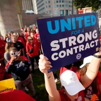 United Auto Workers members attend a rally in Detroit, Friday, Sept. 15, 2023. The UAW is conducting a strike against Ford, Stellantis and General Motors. (