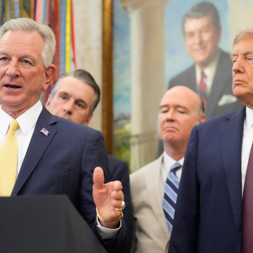 President Donald Trump listen as Sen. Tommy Tuberville, R-Ala., speaks during an event about the relocation of U.S. Space Command headquarters from Colorado to Alabama in the Oval Office of the White House, Tuesday, Sept. 2, 2025, in Washington. (AP Photo Alabama News