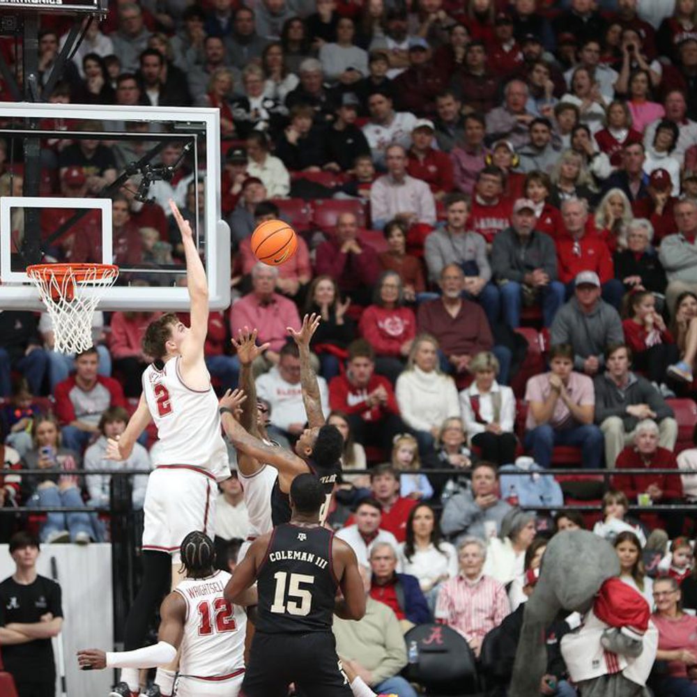 Alabama Forward Grant Nelson (2) blocks a shot against Texas A&M at Coleman Coliseum in Tuscaloosa, AL on Saturday, Feb 17, 2024. Alabama News