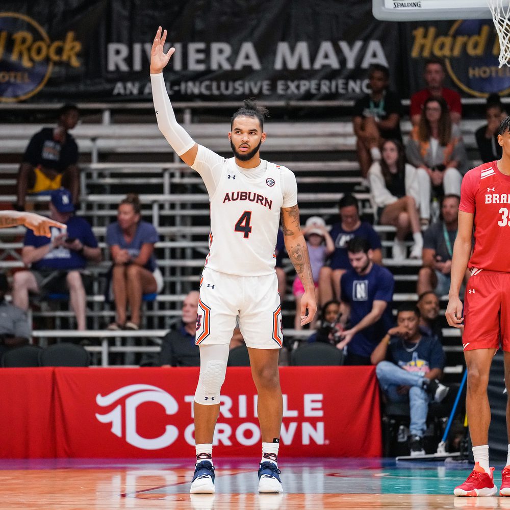 November 22, 2022; Cancun, QR, MX; Johni Broome (4) reacts after a dunk during the game between Auburn and Bradley at Hard Rock Hotel Riviera Maya. Mandatory Credit: Steven Leonard/AU Athletics Alabama News