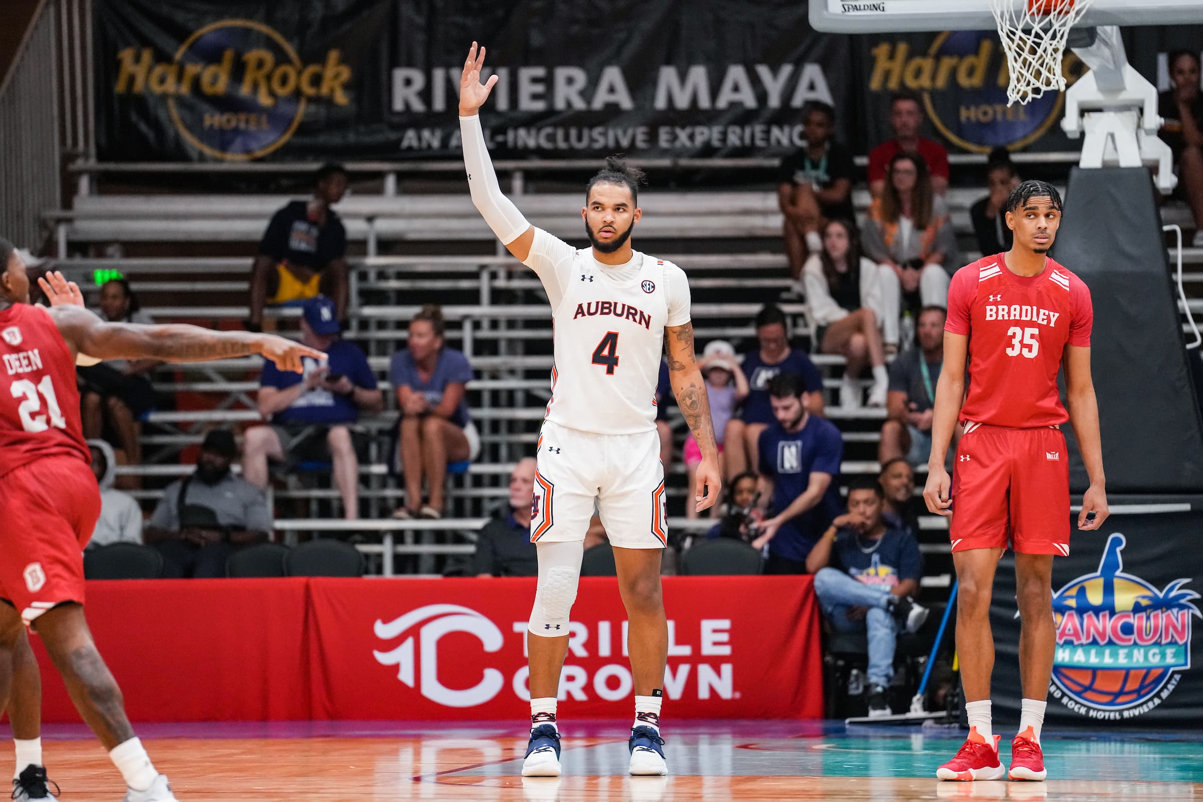 November 22, 2022; Cancun, QR, MX; Johni Broome (4) reacts after a dunk during the game between Auburn and Bradley at Hard Rock Hotel Riviera Maya. Mandatory Credit: Steven Leonard/AU Athletics