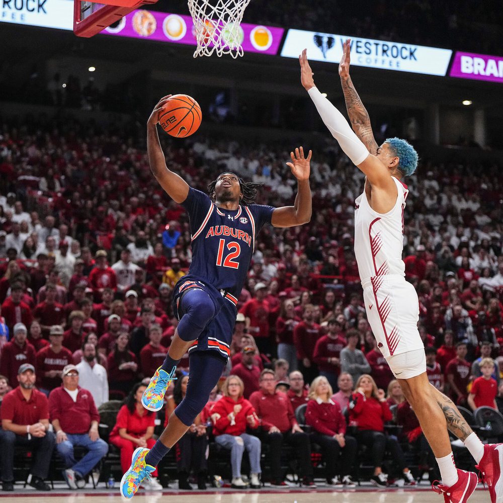 FAYETTEVILLE, AR - JANUARY 06 - Auburn’s Denver Jones (12) during the game between the #25 Auburn Tigers and the Arkansas Razorbacks at Bud Walton Arena in Fayetteville, AR on Saturday, Jan. 6, 2024. Alabama News