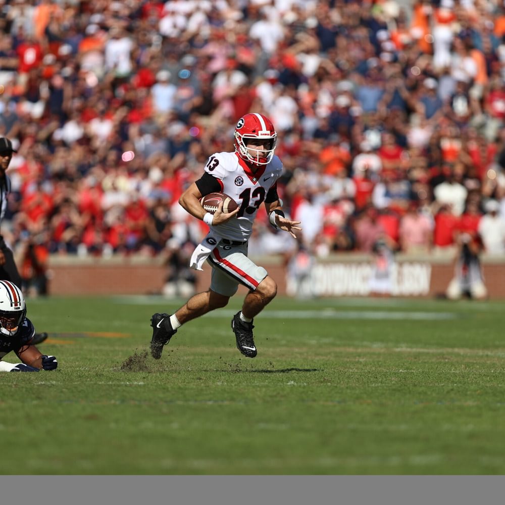 Georgia quarterback Stetson Bennett (13) during the Bulldogs’ game with Auburn in Jordan–Hare Stadium in Auburn, Ala., on Saturday, Oct. 9, 2021. Alabama News