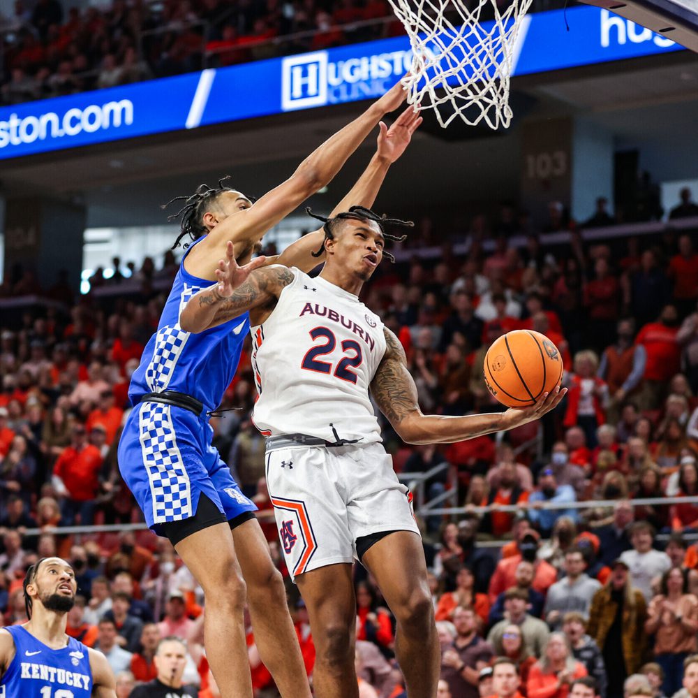 Jan 22, 2022; Auburn, AL, USA; Allen Flanigan (22) goes up for a shot during the game between Auburn and Kentucky at Auburn Arena. Mandatory Credit: Jacob Taylor/AU Athletics Alabama News