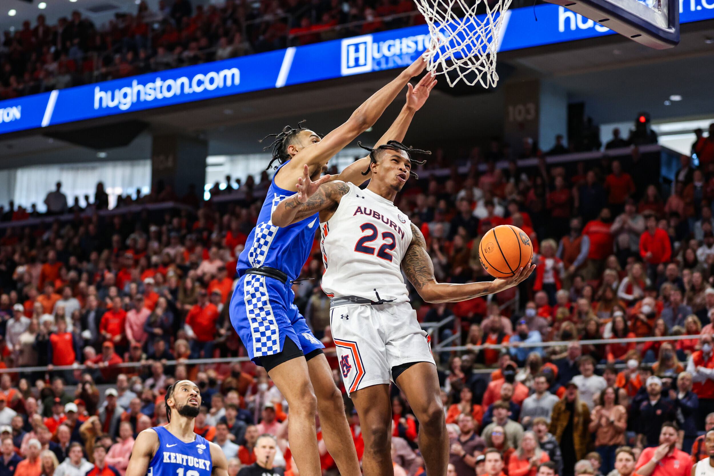 Jan 22, 2022; Auburn, AL, USA; Allen Flanigan (22) goes up for a shot during the game between Auburn and Kentucky at Auburn Arena. Mandatory Credit: Jacob Taylor/AU Athletics