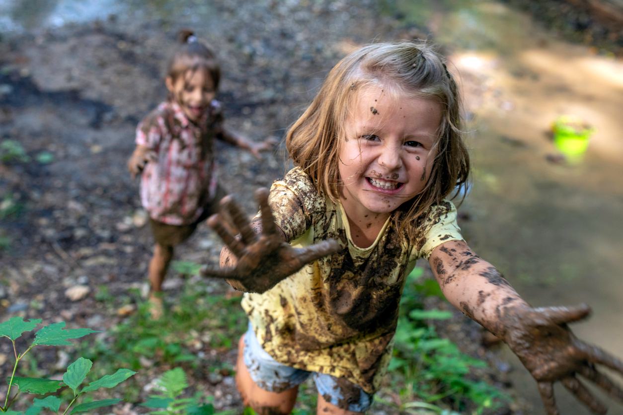 kids playing, children, mud, outside