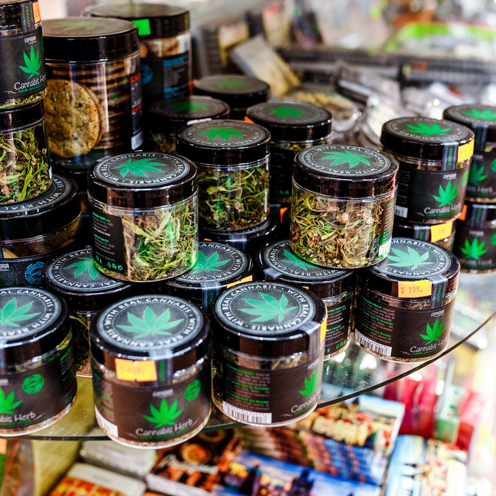 Sale of cannabis and other herbs in jars as a souvenir in the store stock photo Alabama News
