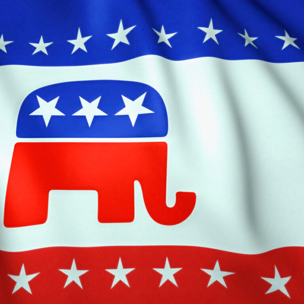 Waving flag, us republican party elephant emblem, background, 3d illustration stock photo Alabama News