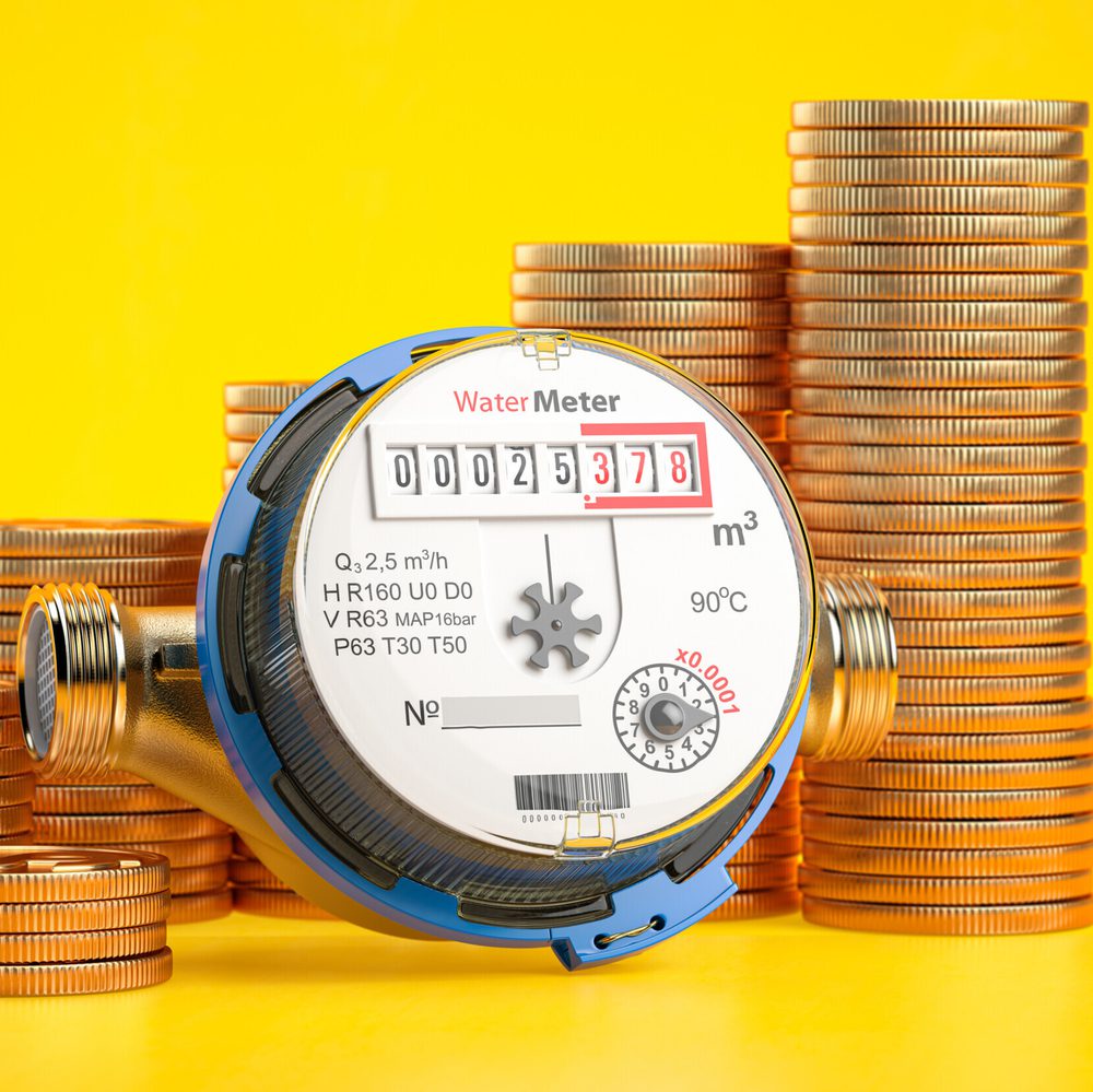 Water meter and coin stacks. Growth of water consumption, price and costs concept. 3d illustration Alabama News