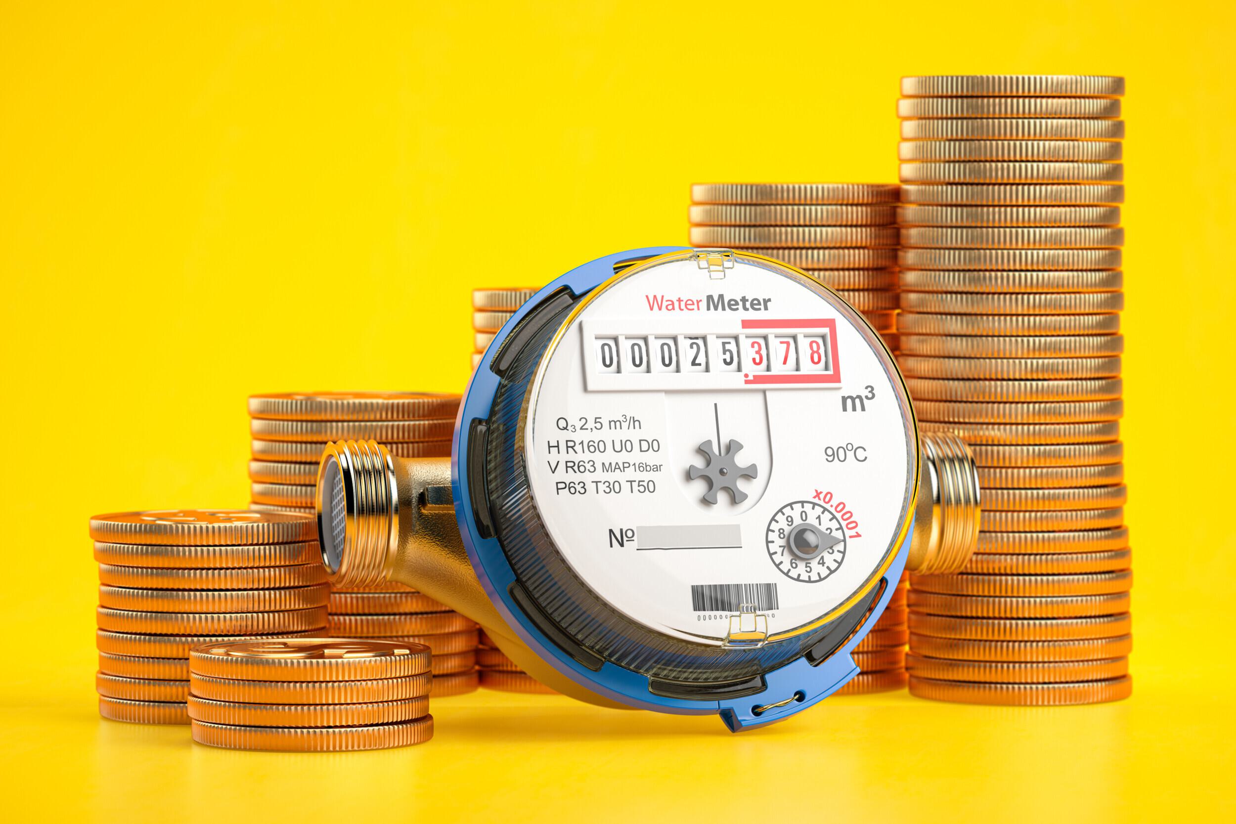 Water meter and coin stacks. Growth of water consumption, price and costs concept. 3d illustration